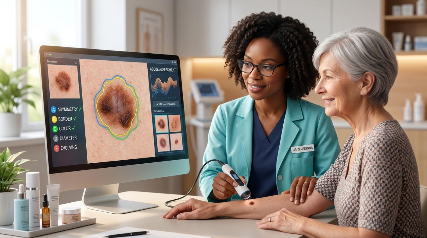 A dermatologist and patient review an on-screen ABCDE assessment of a mole from a dermatoscope image