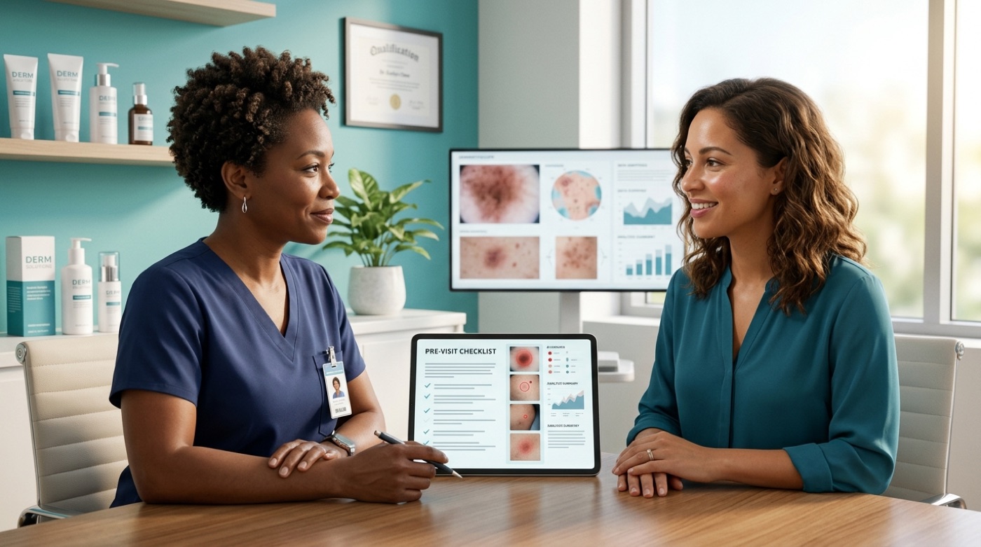 A dermatologist and patient talk at a desk with a pre-visit checklist and skin photos on a tablet