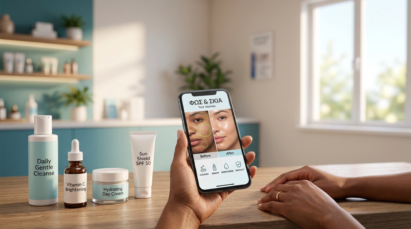 A hand holds a phone showing a before/after skin comparison next to a row of skincare products