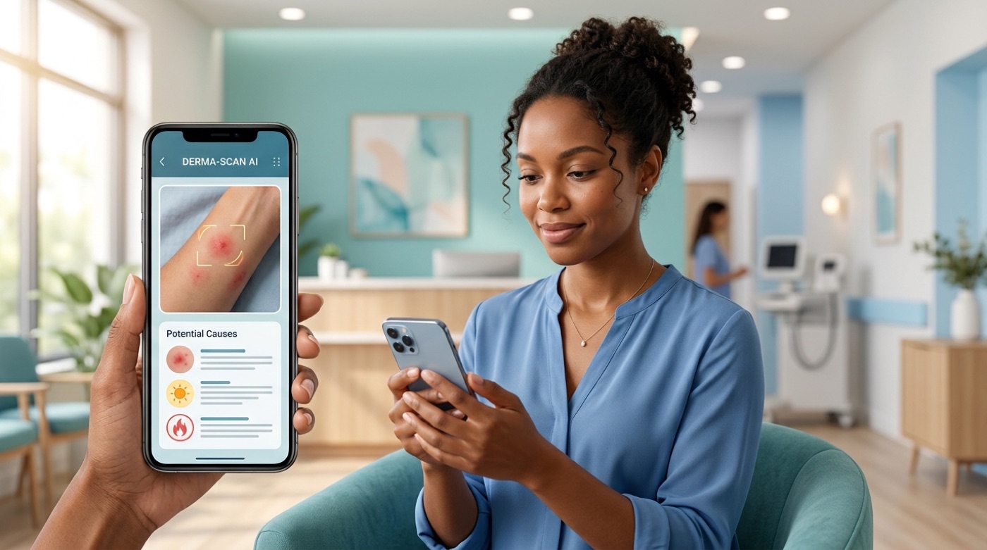 A person calmly checks a skin-analysis app showing a photographed rash and a list of possible causes