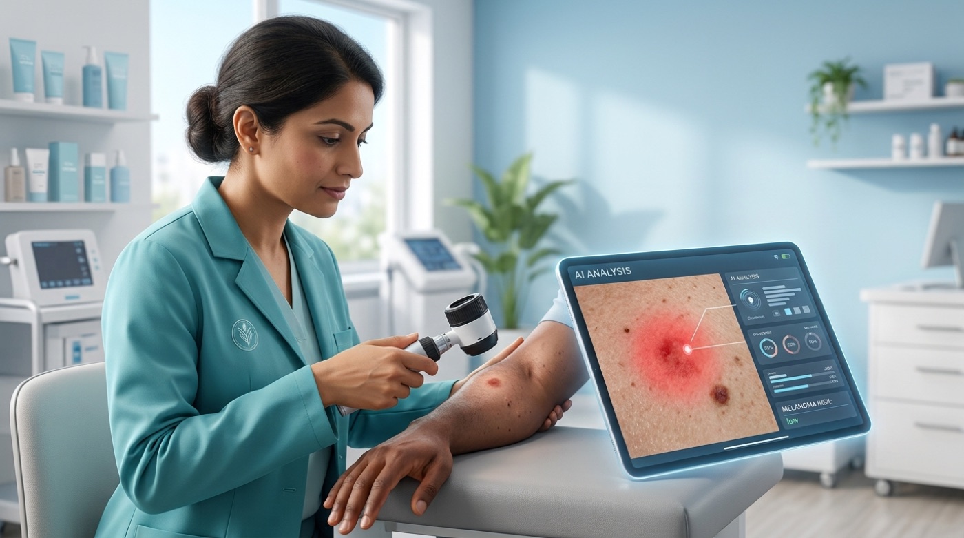 A dermatologist uses a dermatoscope on a patient's arm while a tablet shows an AI skin-analysis screen with a highlighted lesion